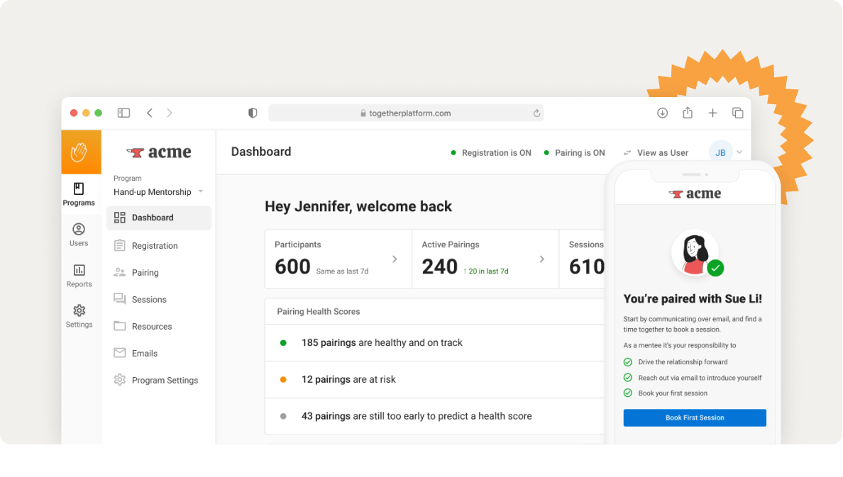 Together mentoring platform dashboard and mobile phone with pairing page