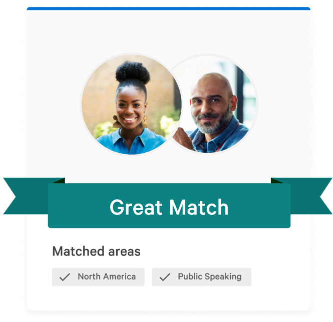  on Together's platform. The mentor and mentee's headshots are shown side by side with a banner under them saying "great match." The areas they were paired on show they share the same location, North America and want to discuss public speaking skills