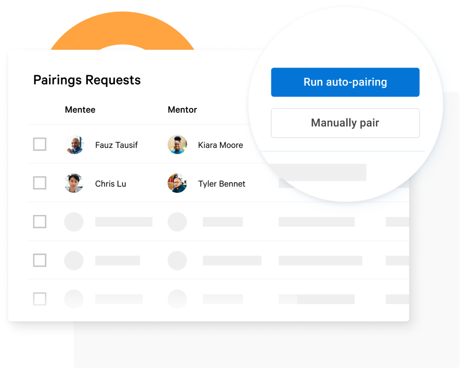 Product screenshot of Together's platform showing pairing requests in a mentoring program with the button "run auto-pairing" magnified