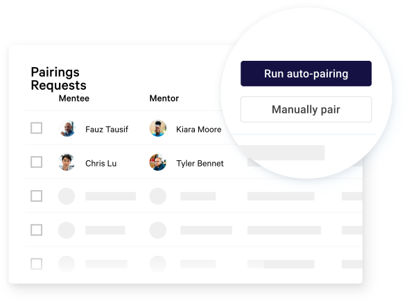 A screenshot from Together's mentoring platform highlighting the auto-pairing feature